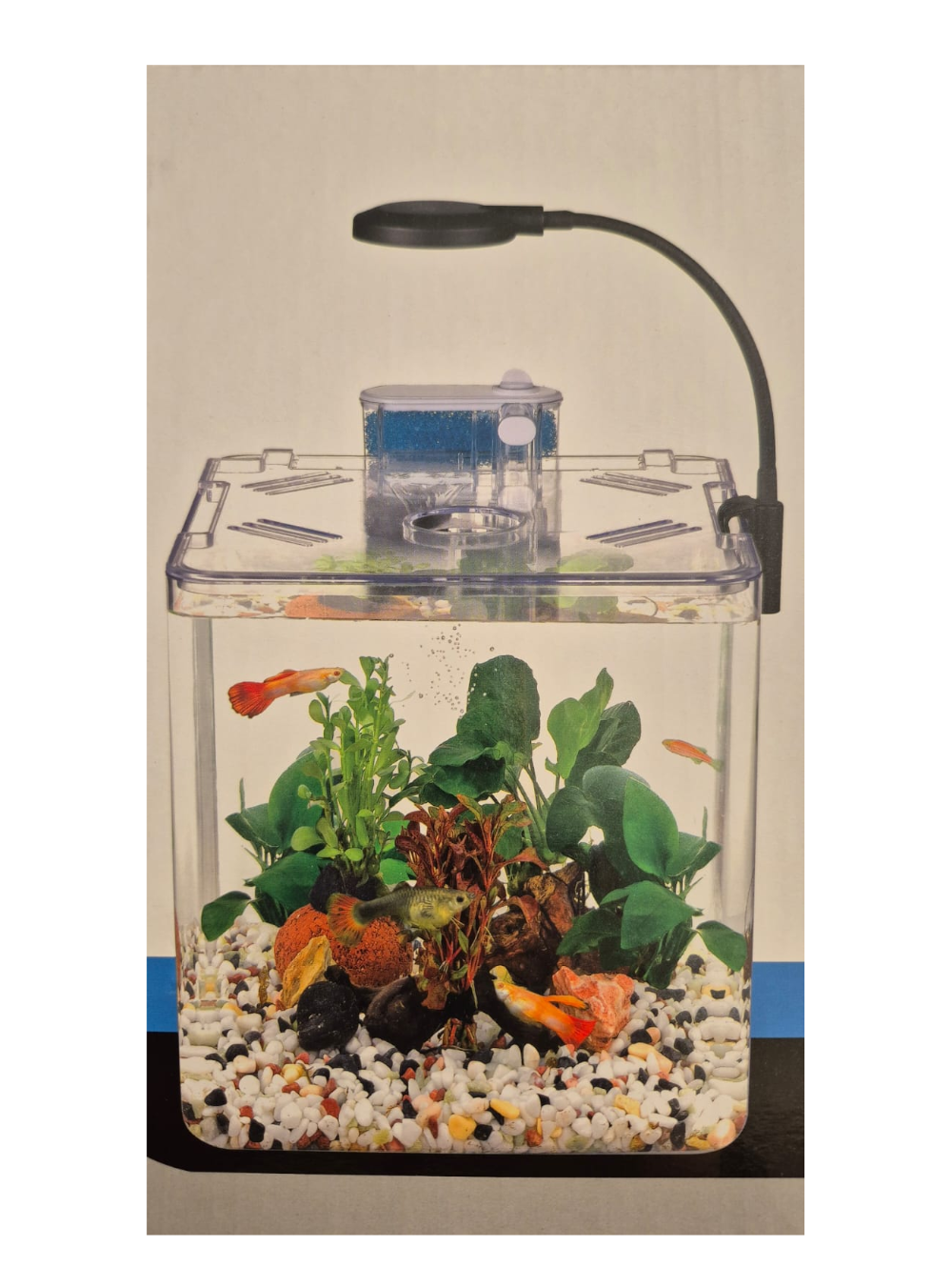 Aquario de Plastico, 17,7x17,7x18cm - 6 lt, mini lampada clip, mini filtro de cascata